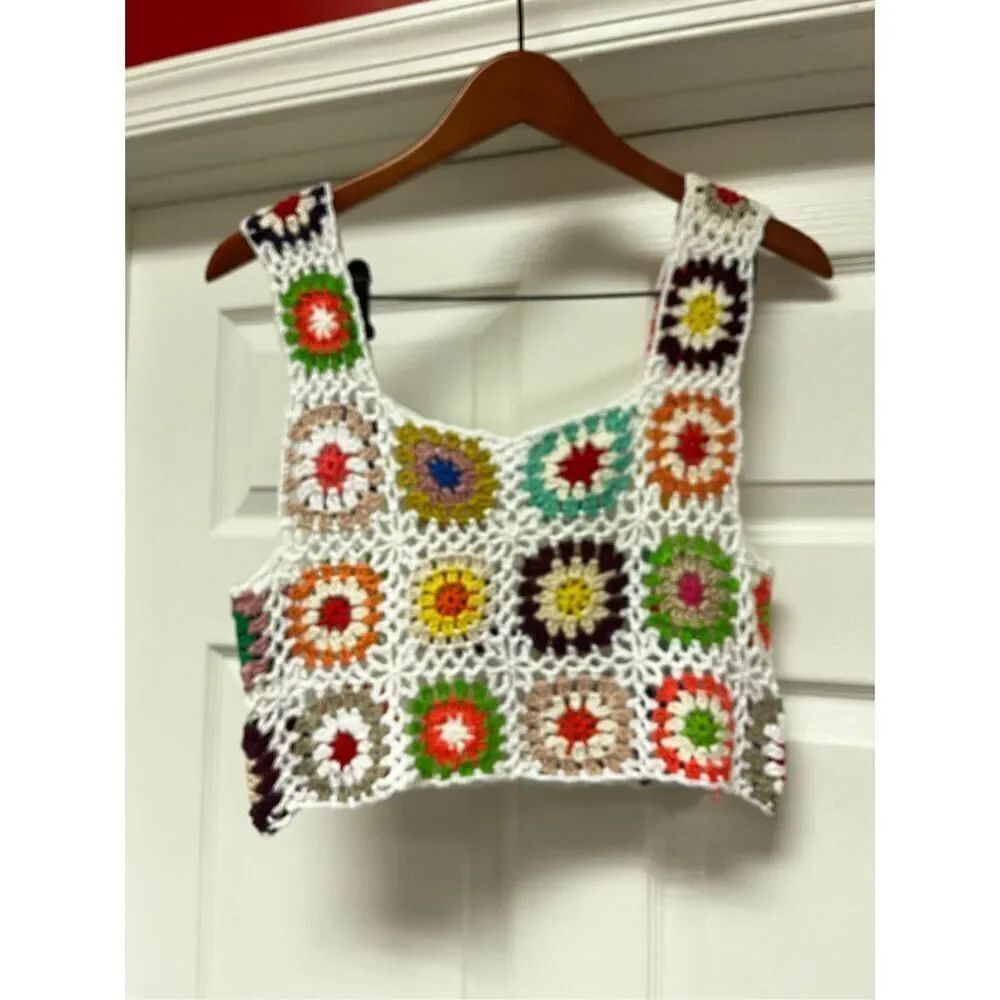 India Boutique White Base Granny Square Tank Top O/S NWT